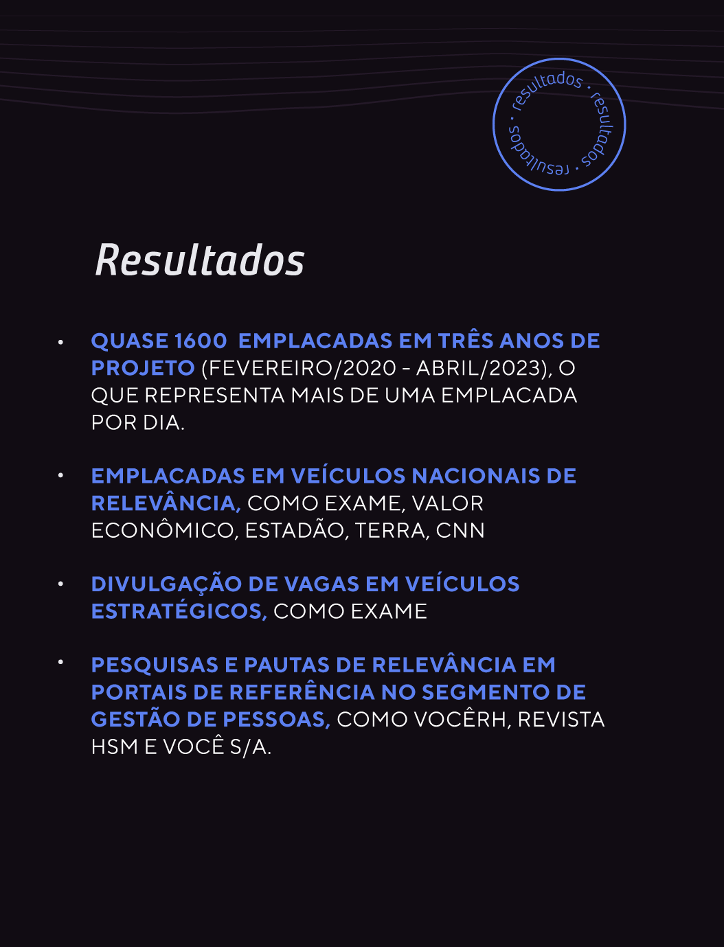 Resultados: Quase 1600 emplacadas em três anos de projeto (fevereiro/2020 - abril/2023), o que representa mais de uma emplacada por dia. Emplacadas em veículos nacionais de relevância, como Exame, Valor Econômico, Estadão, Terra, CNN Divulgação de vagas em veículos estratégicos, como Exame Pesquisas e pautas de relevância em portais de referência no segmento de gestão de pessoas, como VocêRh, Revista HSM e Você S/A.